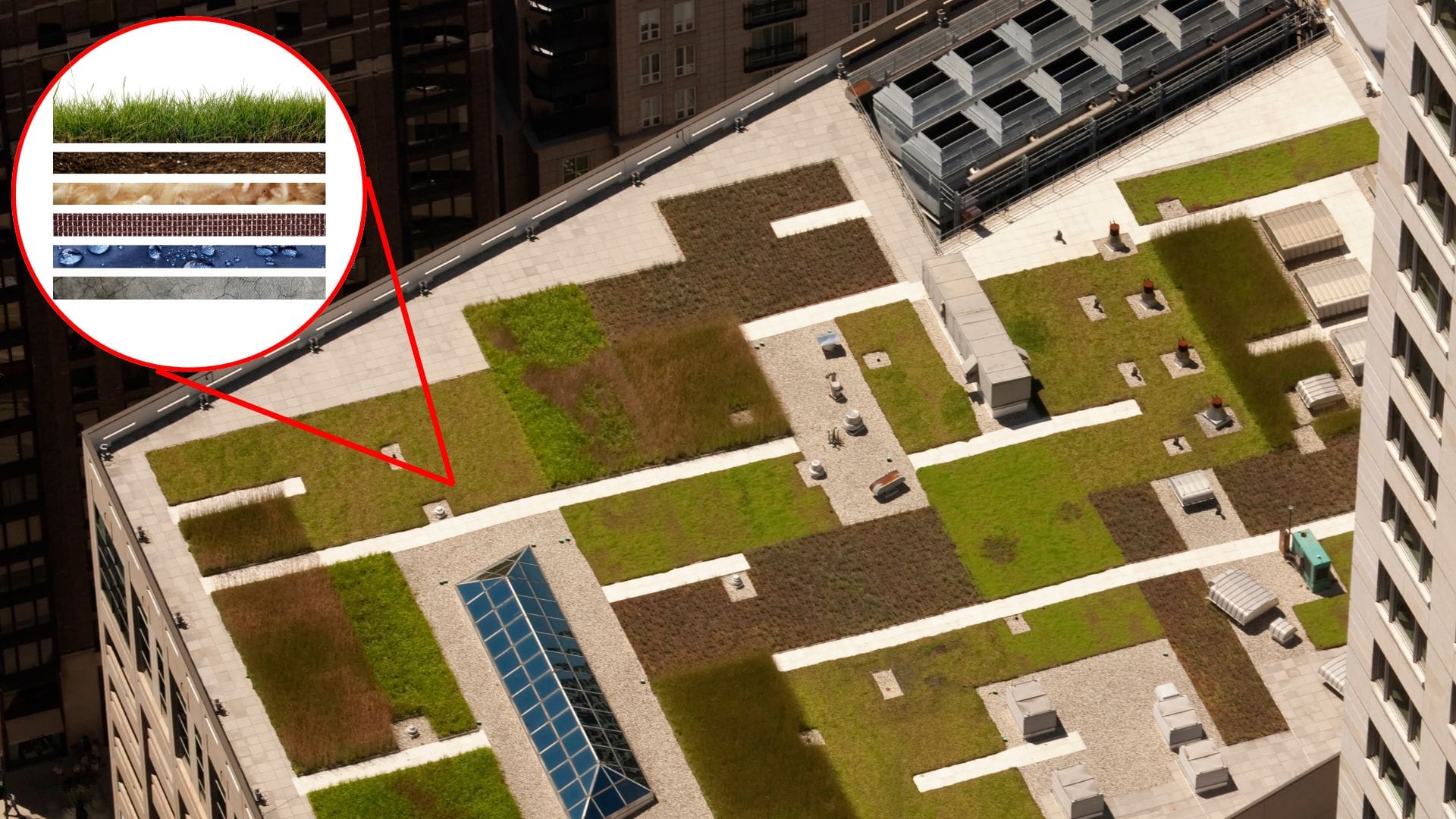 Aerial view of a building with a green roof, featuring patches of grass and vegetation. A red zoomed-in circle highlights the structural layers of the green roof, including soil, drainage, and waterproofing materials.