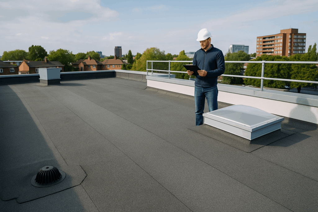 Construction worker in a hard hat standing on a flat commercial roof using a tablet for inspection.