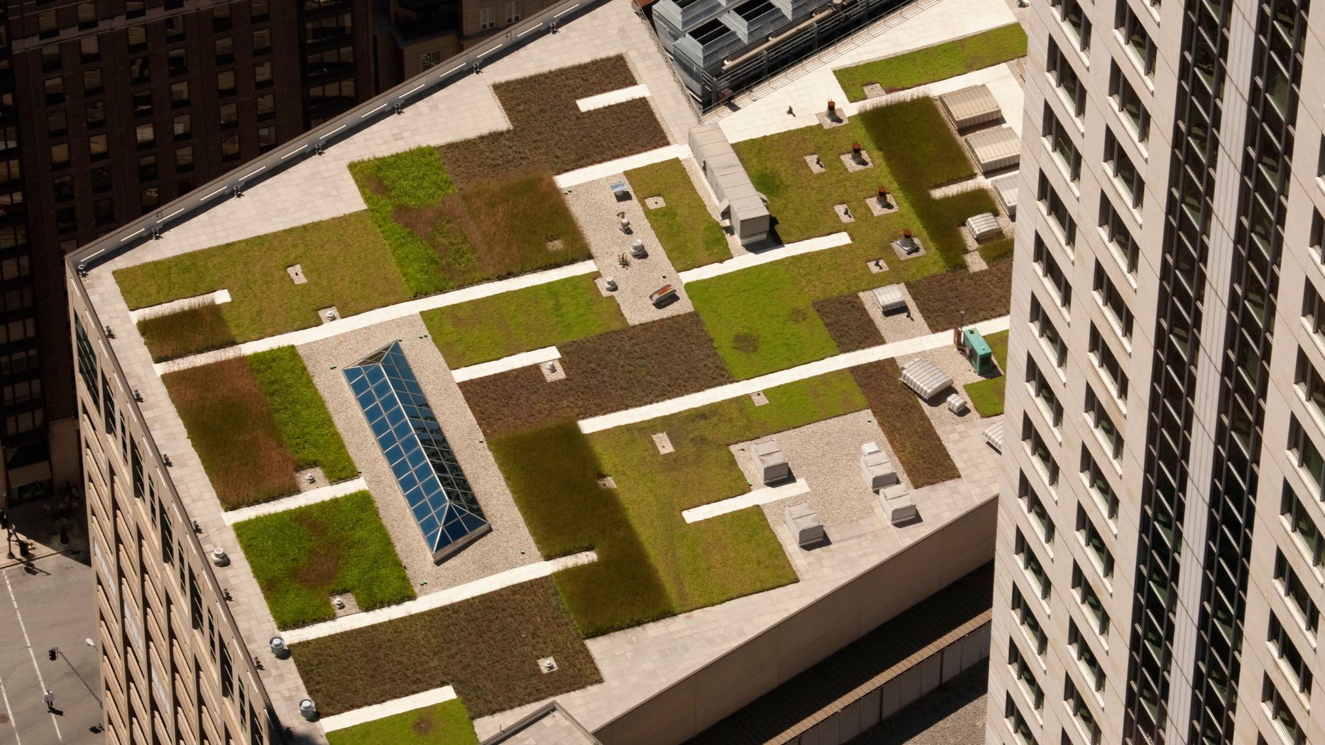 Aerial view of a high-rise building with a green roof featuring neatly divided sections of grass, plants, and gravel walkways, located in an urban cityscape.