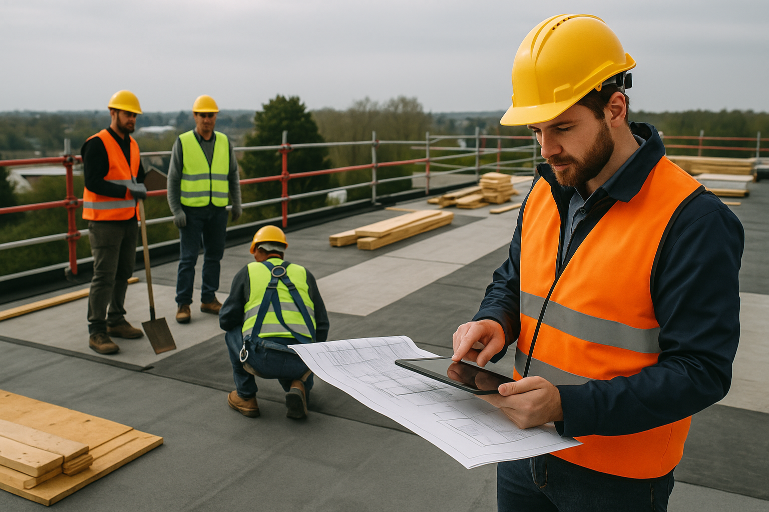 Construction workers wearing safety vests and helmets conducting work and inspections on a commercial rooftop.