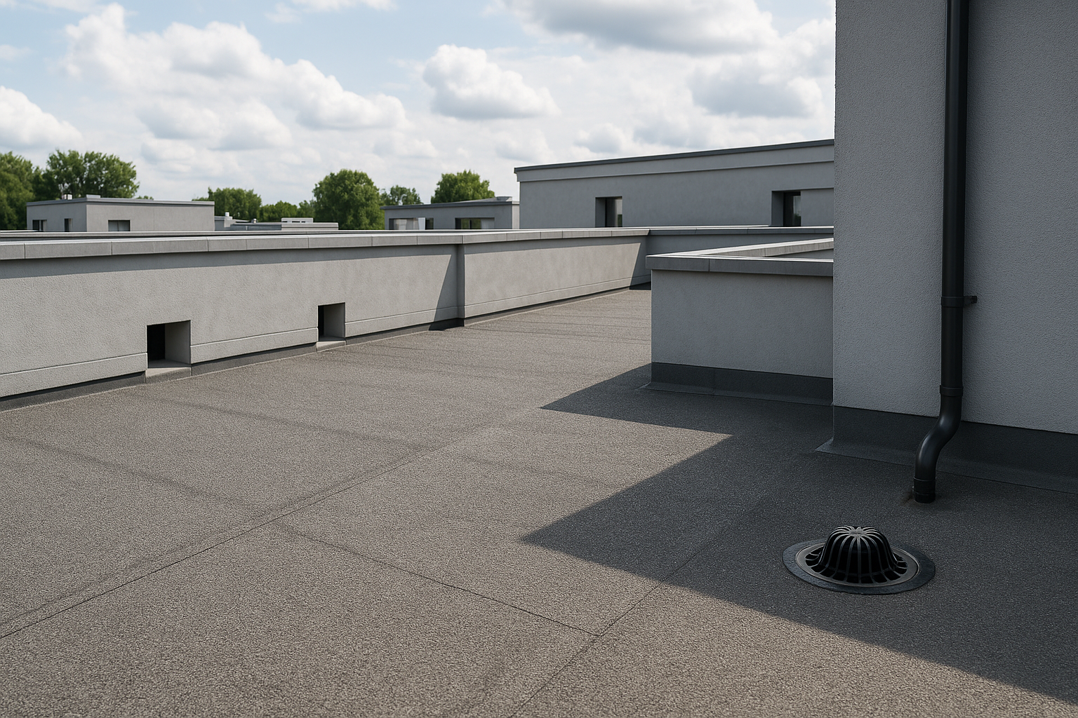Empty flat roof surface of a modern commercial building under a partly cloudy sky.