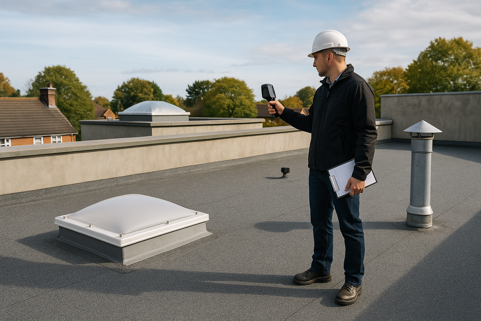Inspector using a handheld thermal imaging device on a flat rooftop to assess structural conditions.