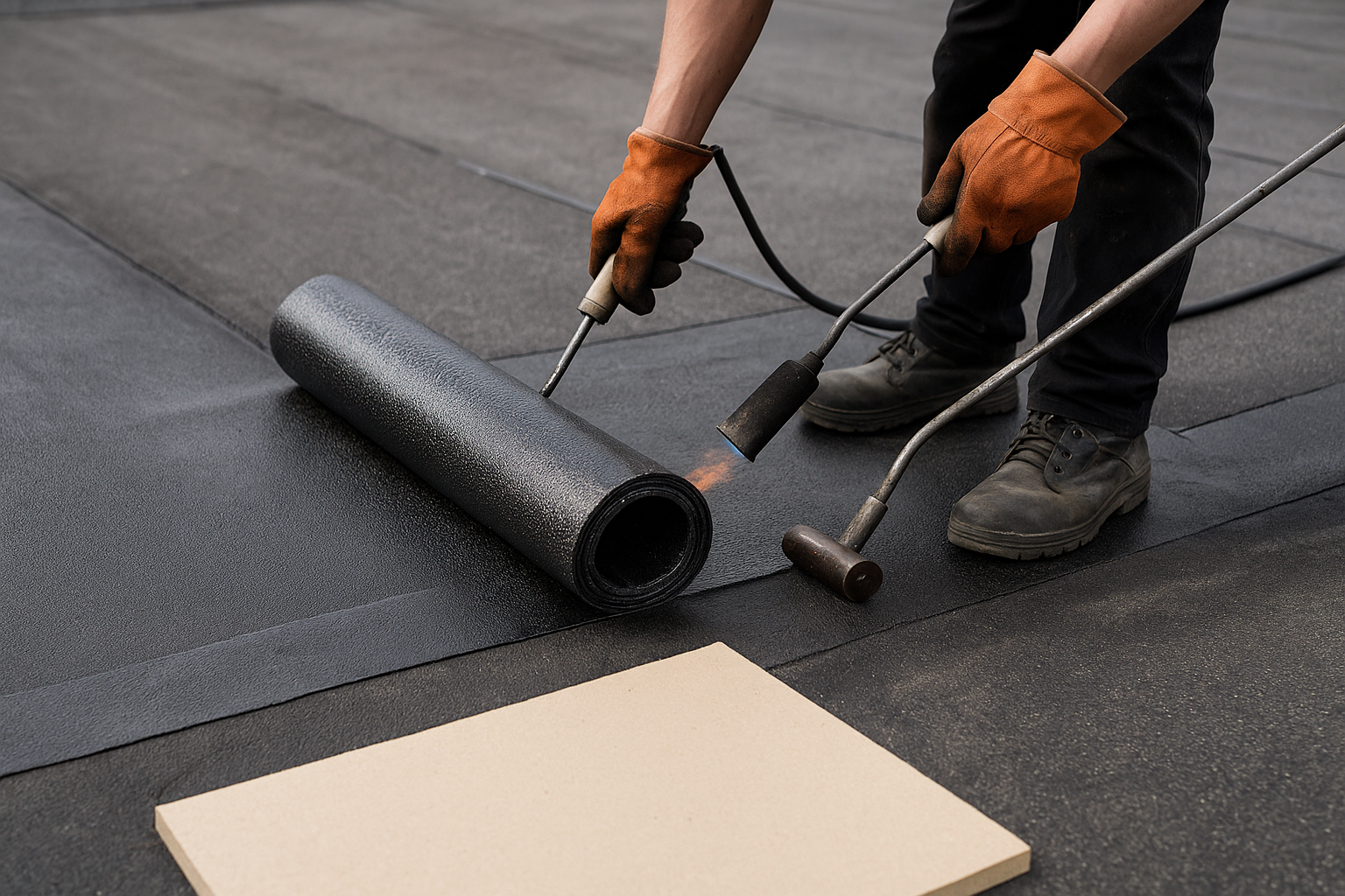 Close-up of a worker applying bitumen roofing membrane with a blowtorch on a flat roof.
